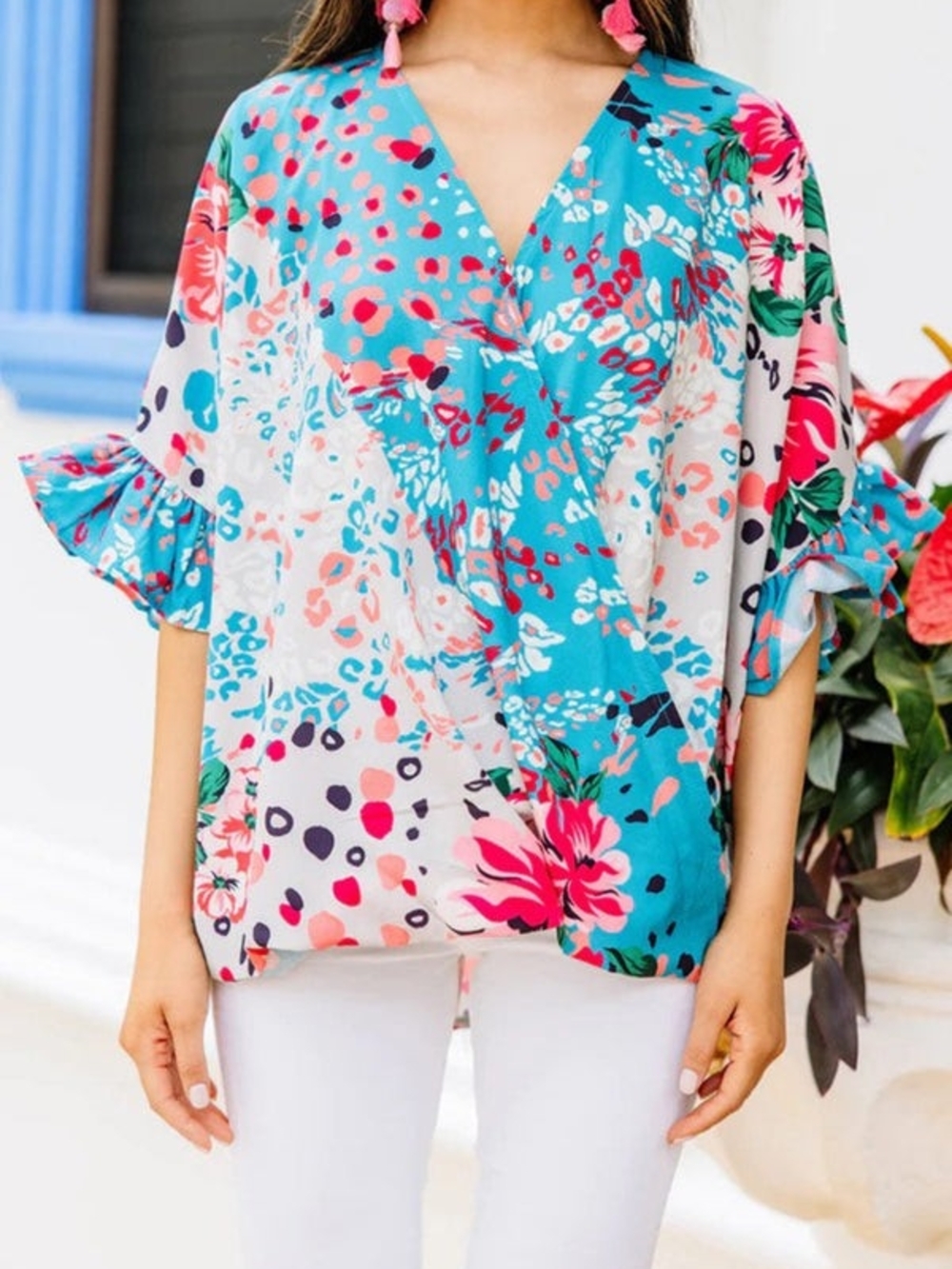 Umgee Teal Floral V-Neck Ruffle Sleeve Tunic